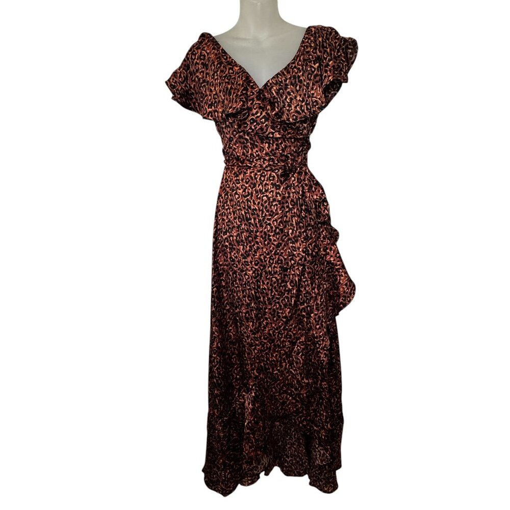Topshop Ruffle Wrap midi Dress Brown Leopard Print women’s size 4 NEW‎